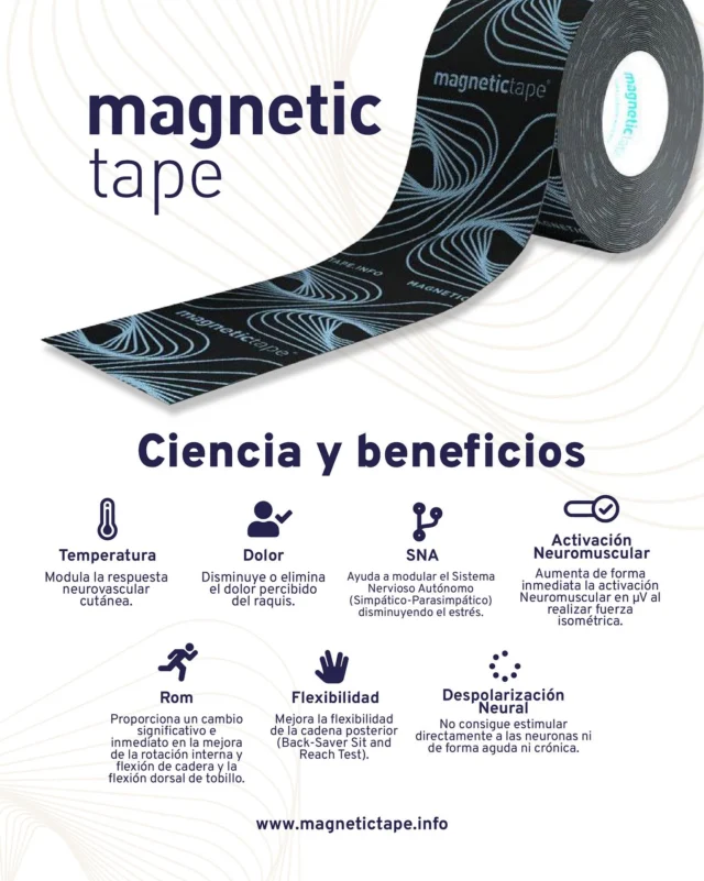 MAGNETIC TAPE

Tecnología. Ciencia. Resultados Inmediatos.

Descubre el poder de Magnetic Tape, el avance que está revolucionando la neuroterapia y el rendimiento físico. No es solo una venda, es ciencia aplicada al cuerpo humano.

🧠 MODULACIÓN NEUROVASCULAR CUTÁNEA
Gracias a su acción termoactiva, regula la temperatura local y optimiza la respuesta neurovascular, mejorando el rendimiento y el confort.

💥 ALIVIO DEL DOLOR INMEDIATO
Reduce o elimina la percepción del dolor en el raquis (columna vertebral) desde la primera aplicación. Resultados que se sienten.

🌀 EQUILIBRA TU SISTEMA NERVIOSO AUTÓNOMO
Magnetic Tape actúa sobre el SNA, ayudando a regular el equilibrio simpático-parasimpático. Menos estrés, más bienestar.

⚡ ACTIVACIÓN NEUROMUSCULAR POTENCIADA
Aumenta de forma instantánea la activación muscular al realizar fuerza isométrica. Más potencia. Más control. Más resultados.

🔁 MEJORA TU RANGO DE MOVIMIENTO (ROM)
Incrementa de forma significativa e inmediata la rotación interna, flexión de cadera y dorsiflexión de tobillo. Movimiento libre, sin restricciones.

🏃‍♂️ FLEXIBILIDAD REAL, MEDIBLE
Aumenta la flexibilidad de la cadena posterior, demostrable con test como el Back-Saver Sit and Reach. Ideal para atletas y profesionales del movimiento.

🚫 SIN ESTIMULACIÓN NEURAL INVASIVA
No genera despolarización directa de las neuronas. Actúa de forma segura, sin efectos secundarios agudos ni crónicos.

—

🌐 Más información en:
👉 www.magnetictape.info